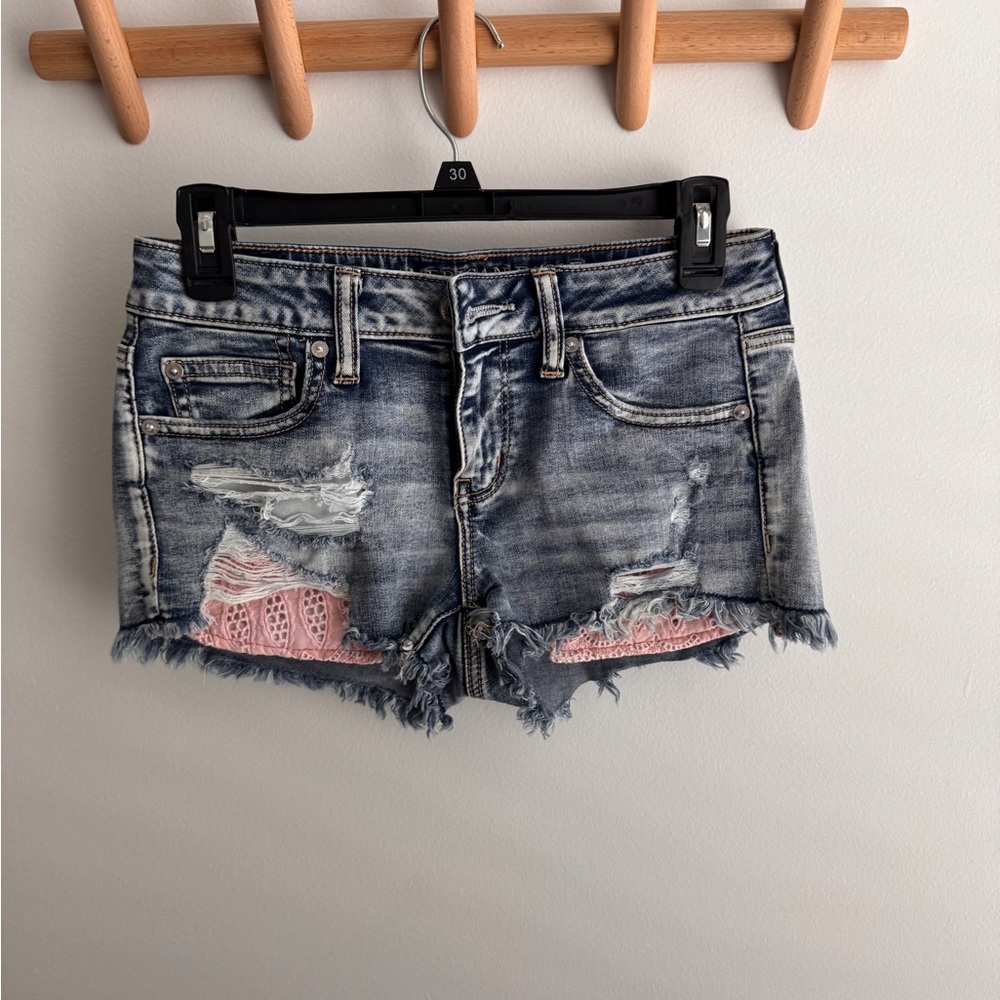 American Eagle Outfitters Blue Jean Shorts with Pink Details